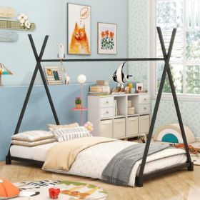 Metal Twin Size House Platform Bed With Triangle Structure (Color: Black)