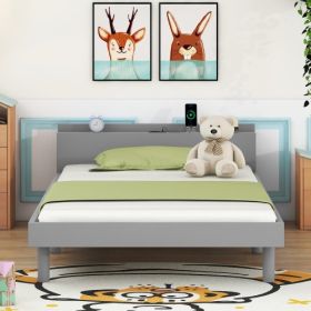 Modern Design Twin Size Platform Bed Frame With Built-in USB For White Washed Color (Color: Grey)