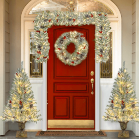 Pre-lit Xmas Tree Artificial Christmas 4-Piece Set,Garland, Wreath And Set Of 2 Entrance Trees X-mas (Option: Retro White)