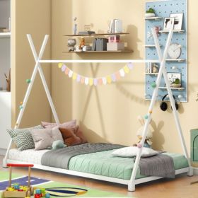Metal Twin Size House Platform Bed With Triangle Structure (Color: White)