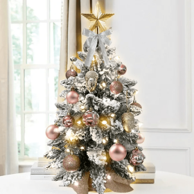 22in Tabletop Christmas Tree With Light Artificial Small Mini Red Christmas Decoration With Flocked Snow, Exquisite Decor & Xmas Ornaments For Table T (Option: Rose Gold)