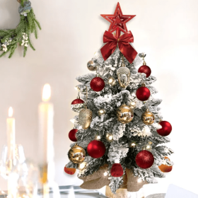 22in Mini Christmas Tree With Lights, Rose Gold Artificial Small Tabletop Christmas Tree With Flocked Snow, Exquisite Decor & Xmas Decorations For Tab (Color: Red)